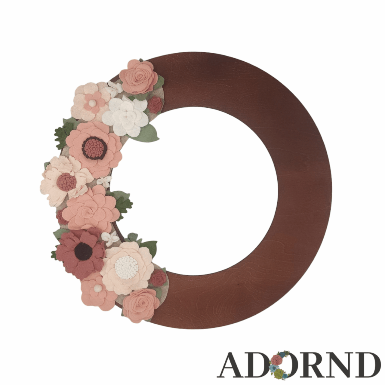 Our standard walnut wreath featuring multiple holiday and seasonal felt flower attachments.