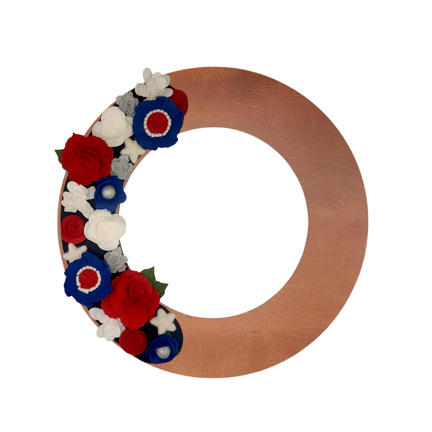 Sustainable home décor wreath attachment adorned with red, white, and blue flowers and stars for Independence Day. MAGA Wreath