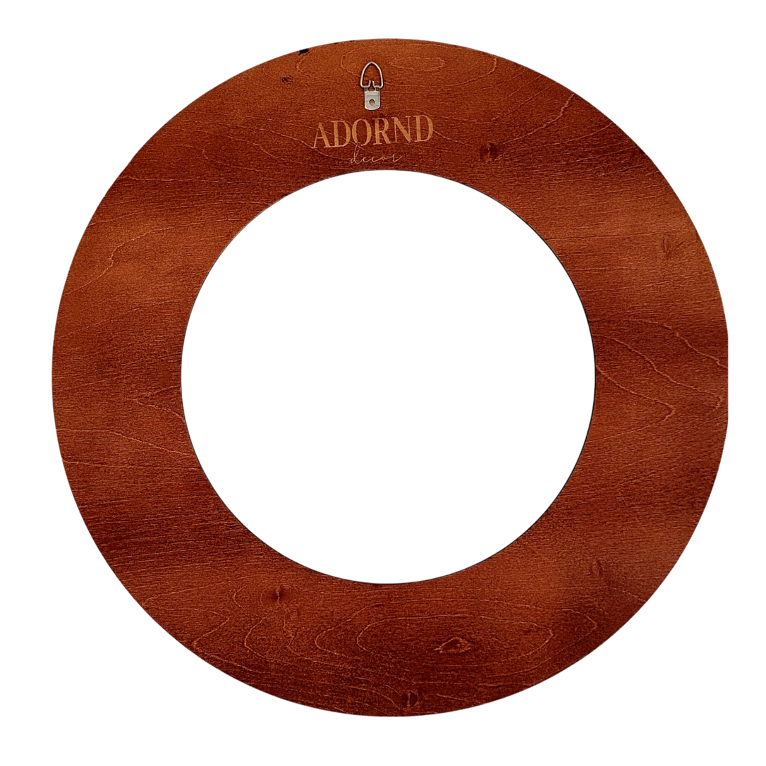 All wreath bases have the adornd decor brand lasercut on the back below a metal hook for ease of hanging.