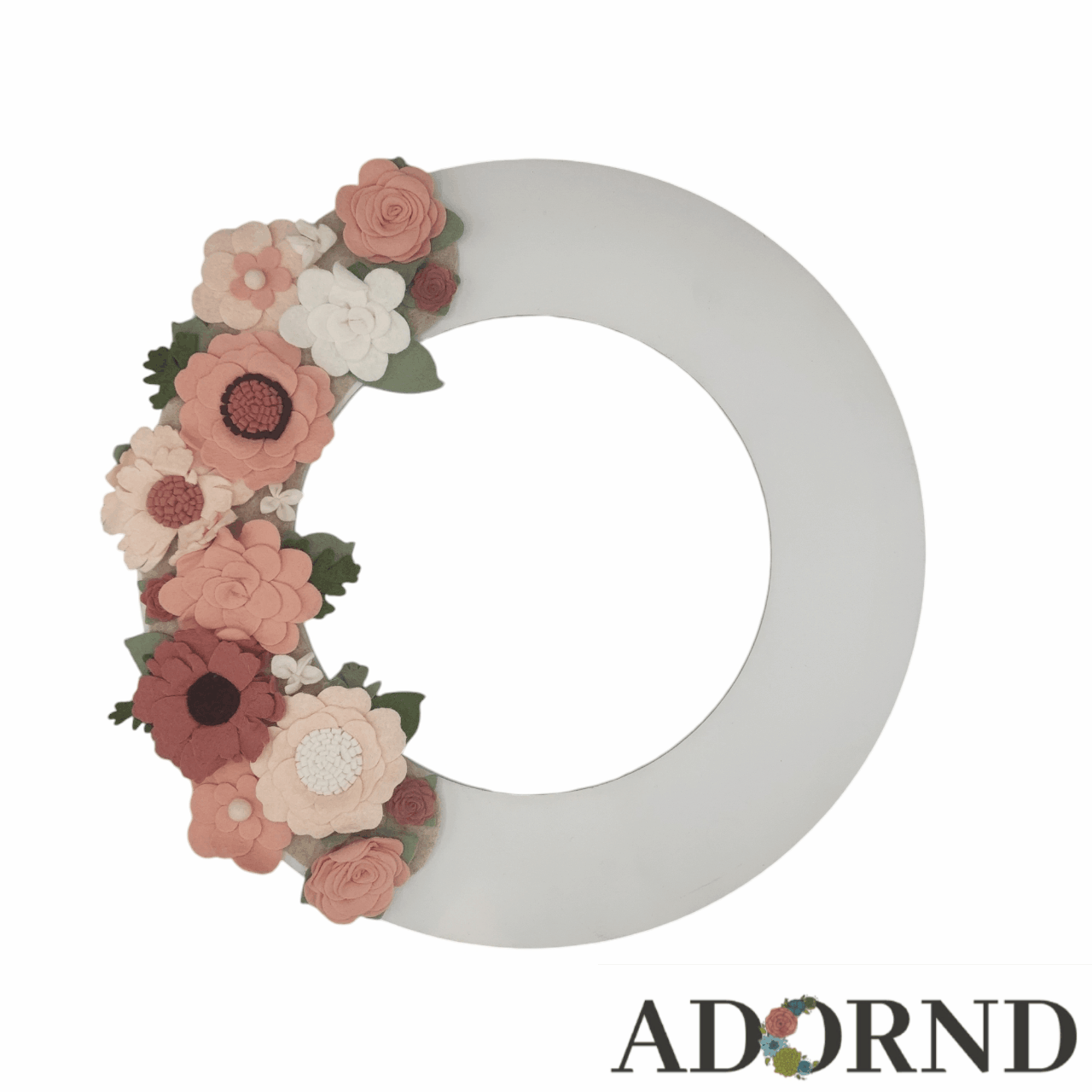 Our standard white wreath featuring multiple holiday and seasonal felt flower attachments.
