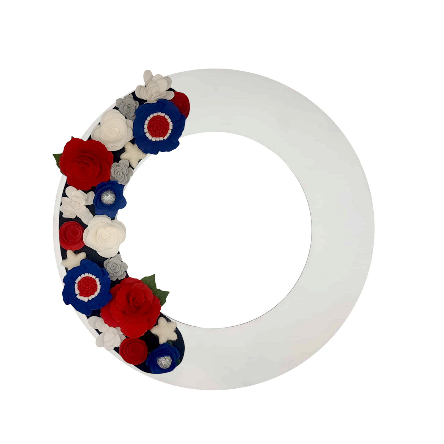 Swappable patriotic wreath design featuring vibrant red roses, white pops, and colorful flowers for a front door or wall.