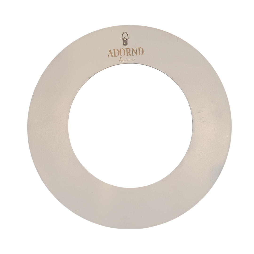 All wreath bases have the adornd decor brand lasercut on the back below a metal hook for ease of hanging.