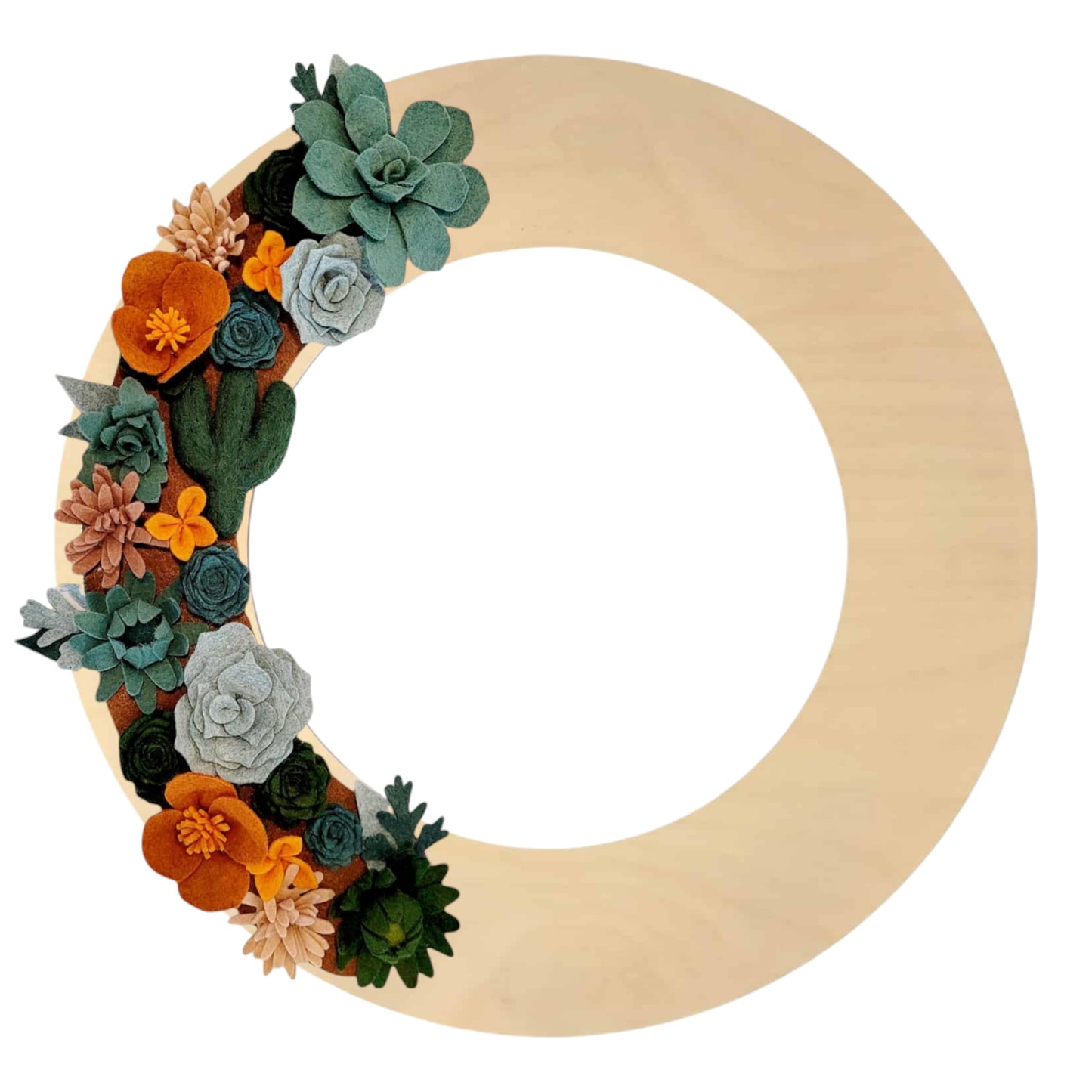 A vibrant wreath with felt cacti, wildflower mallow flowers on a birch wreath base, capturing Arizona's desert charm.