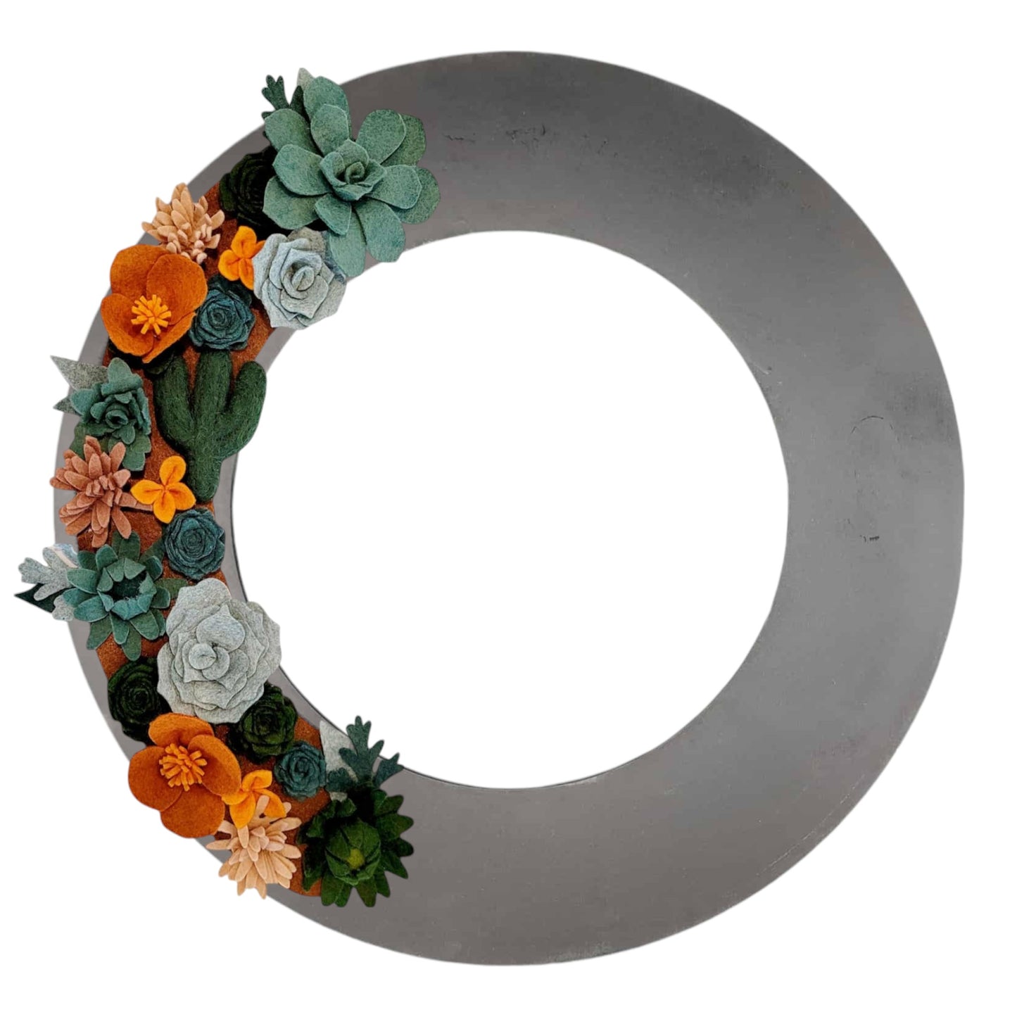 Swappable wreaths a colorful wreath made of faux cacti, wildflower blooms, and dried grasses on a black base, inspired by Arizona's desert.