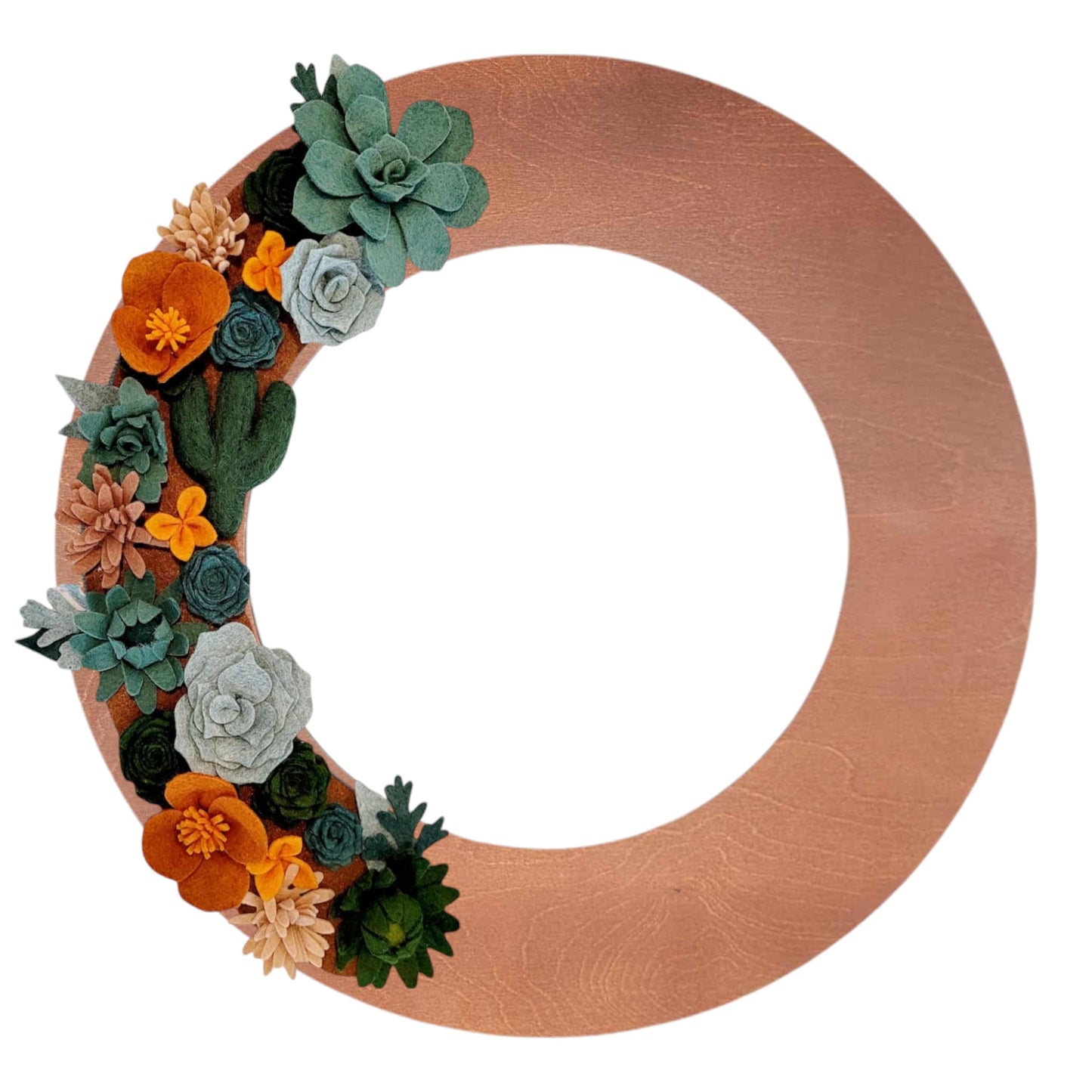 A vibrant wreath with felt cacti, wildflower mallow flowers on a walnut wreath base, capturing Arizona's desert charm.