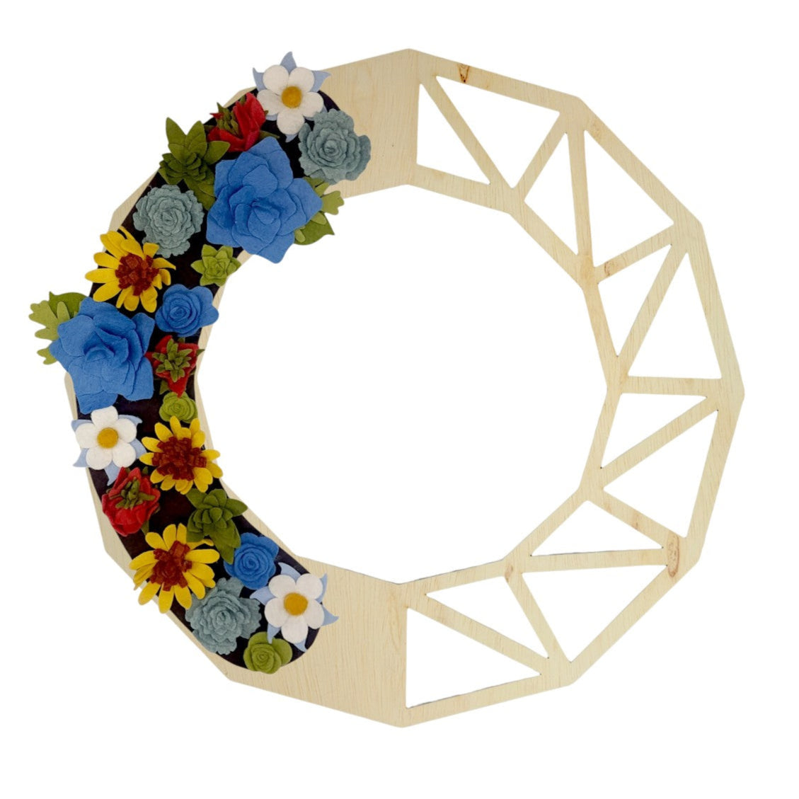 A wreath of Colorado wildflowers like columbines and sunflowers on a birch base, accented with greenery for a natural touch.