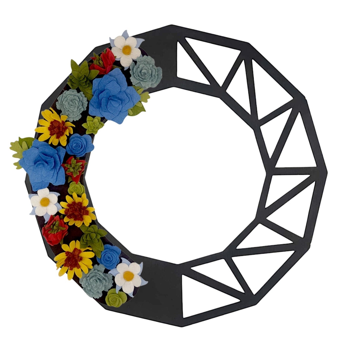 A wreath of Colorado wildflowers like columbines and sunflowers on a black twig base, accented with greenery for a natural touch.