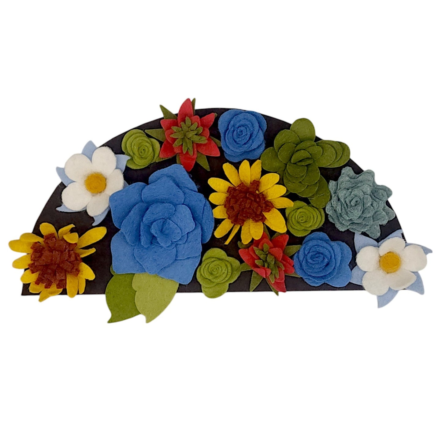 A handmade wreath attachment featuring eco-friendly felt flowers, including daisies, succulents, Columbine, and Indian paintbrush, displayed on a brown background. Part of a state wildflowers collection, this design allows for customizable door signs.