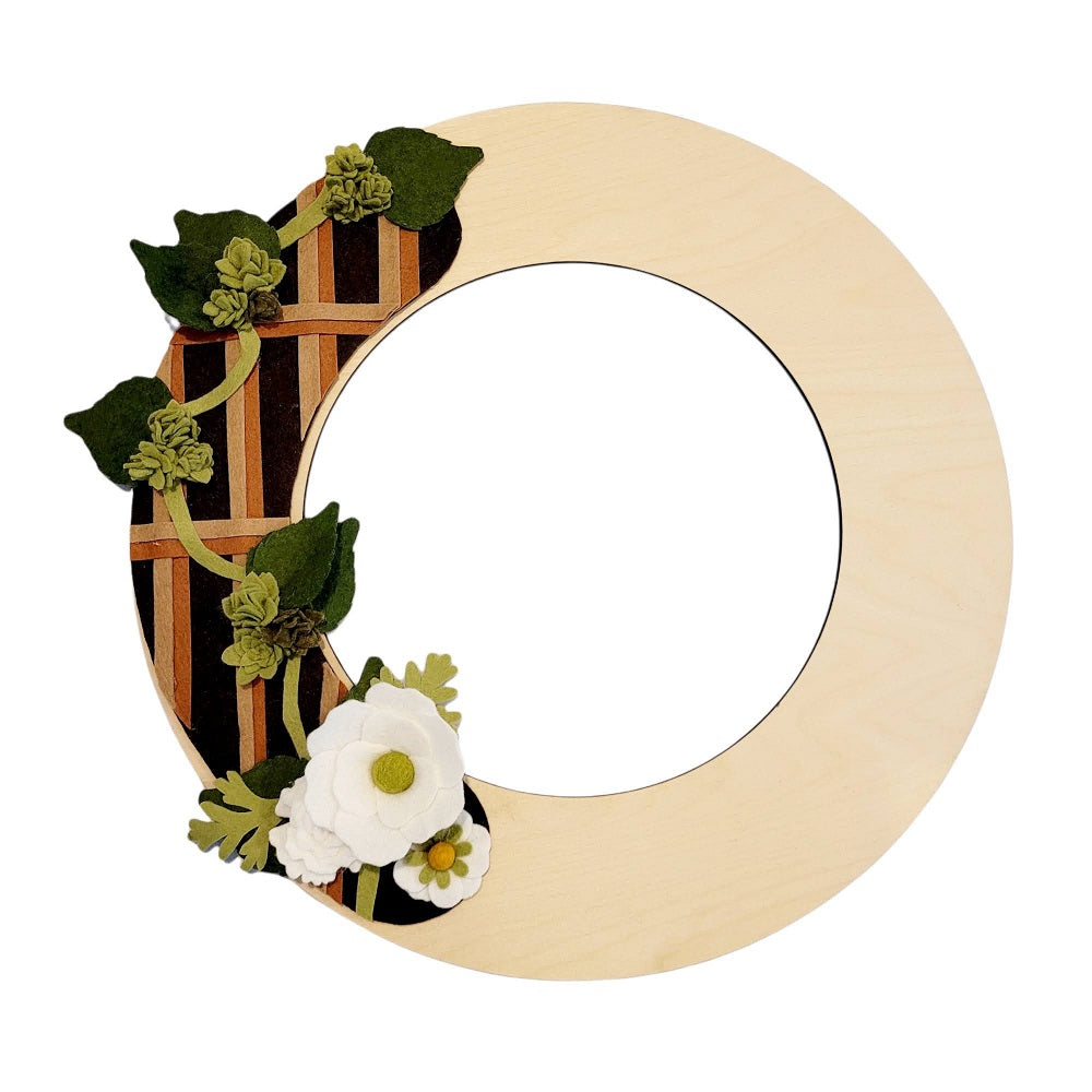 Accents of green leaves and tiny white flowers add a fresh, vibrant look to the design of this beer hops wreath on birch base.