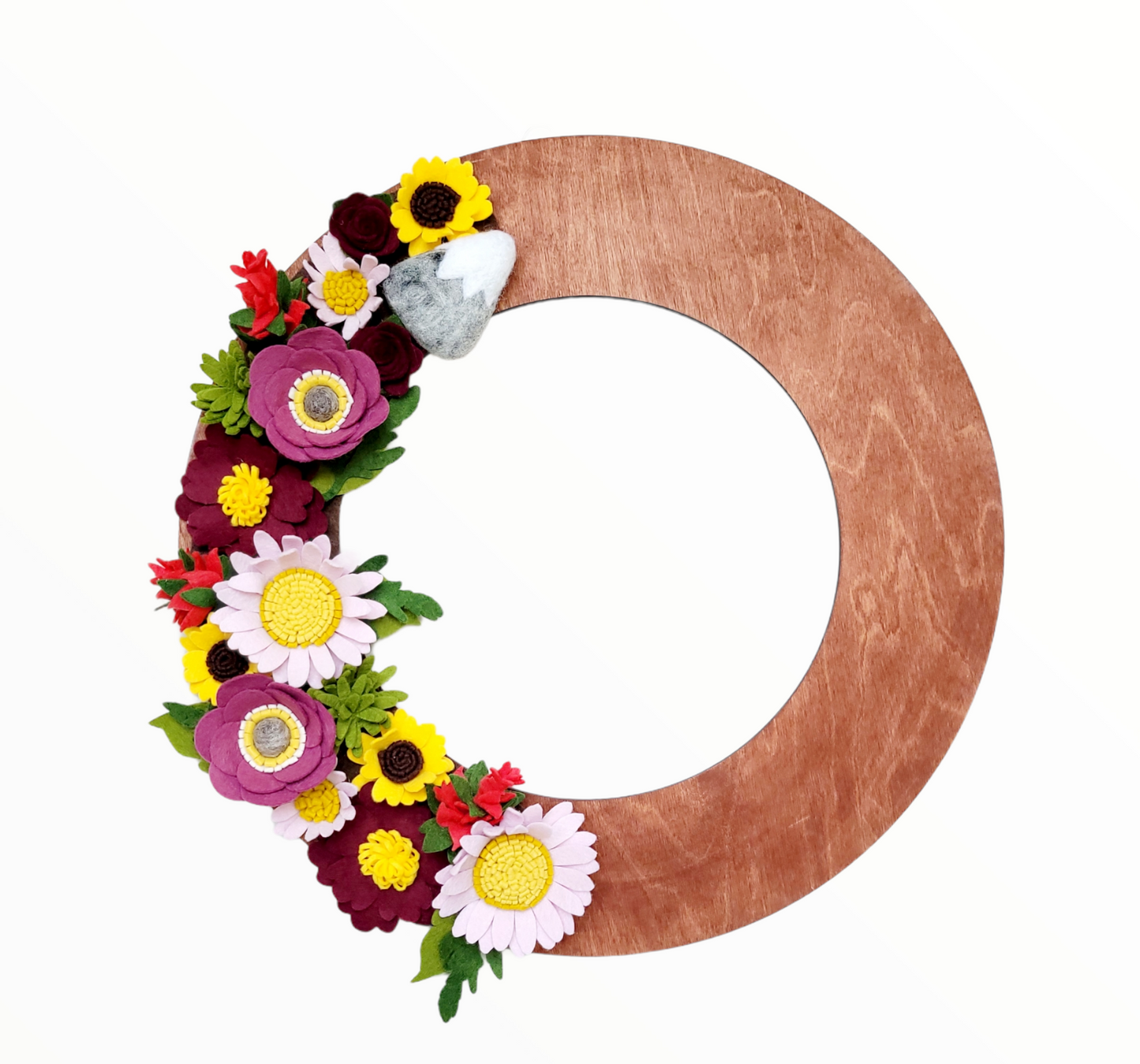 A wreath featuring vibrant rhododendrons, lupines, and daisies on a natural twig base, inspired by Washington flowers.