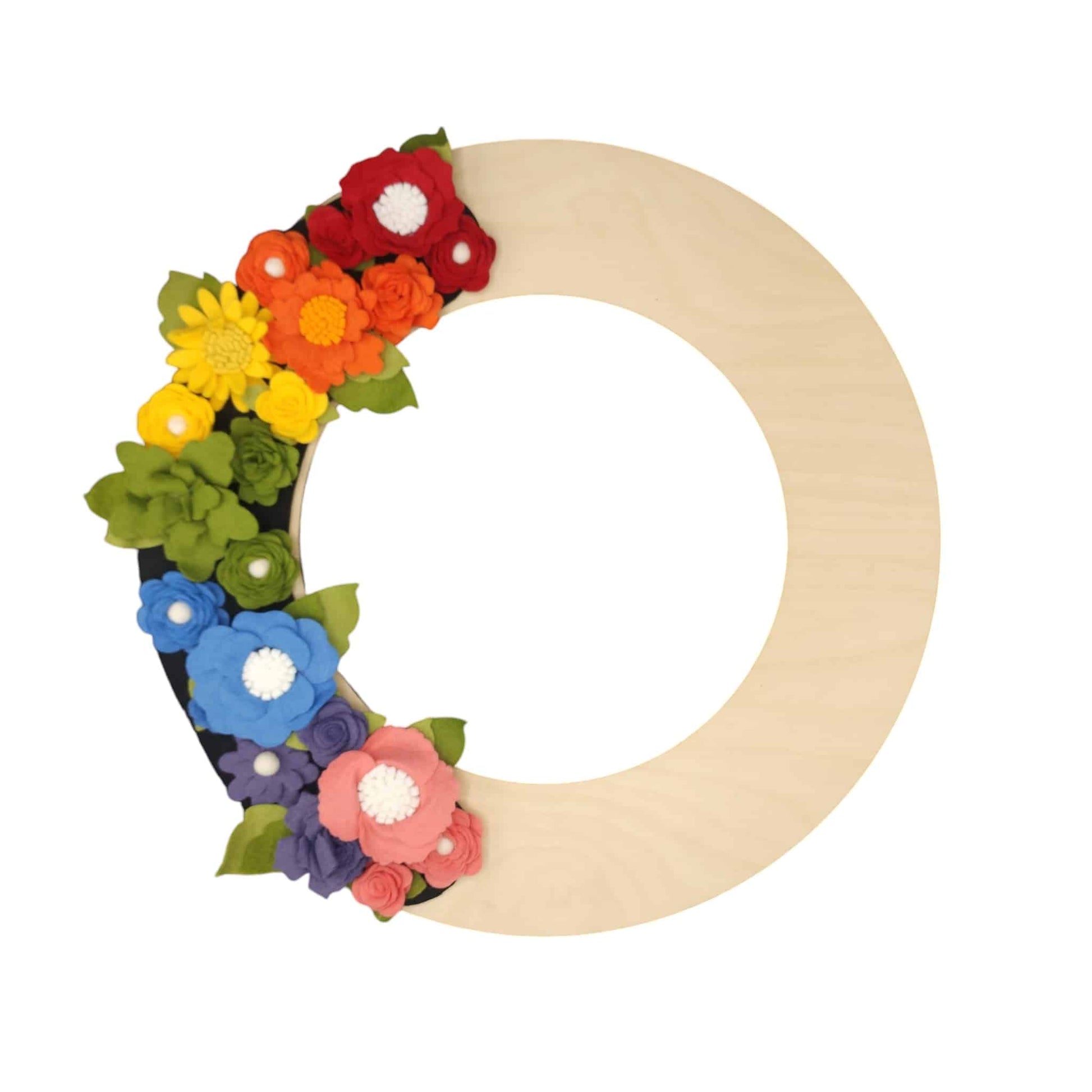 A vibrant birch wreath featuring flowers in a rainbow array of colors, celebrating LGBTQ+ pride and love.