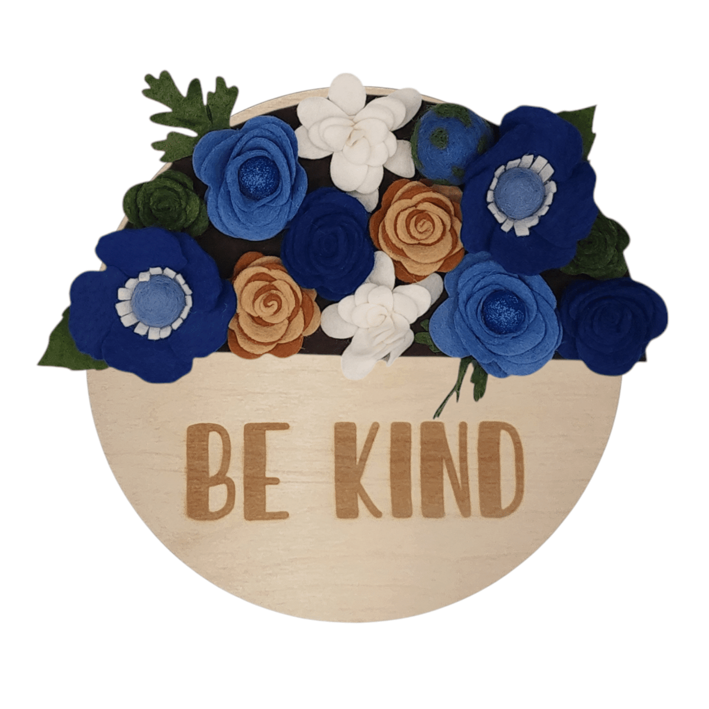 Limited release Earth Day wreath attachment featuring flowers in symbolic colors: deep ocean blues for the water, lush greens for the land, soft whites for the clouds, and warm browns for trees and soil. Set on a rich brown backdrop, this design honors the earth with a natural, harmonious look.