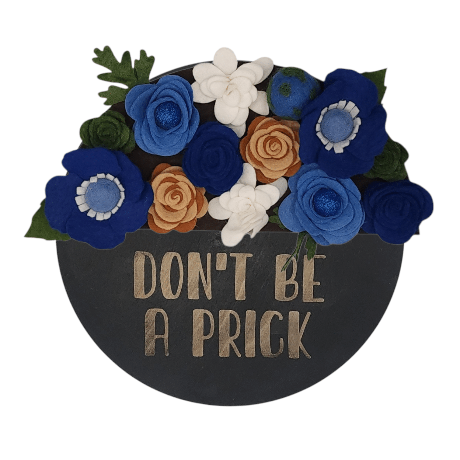 Limited release Earth Day wreath attachment featuring flowers in symbolic colors: deep ocean blues for the water, lush greens for the land, soft whites for the clouds, and warm browns for trees and soil. Set on a rich brown backdrop, this design honors the earth with a natural, harmonious look.