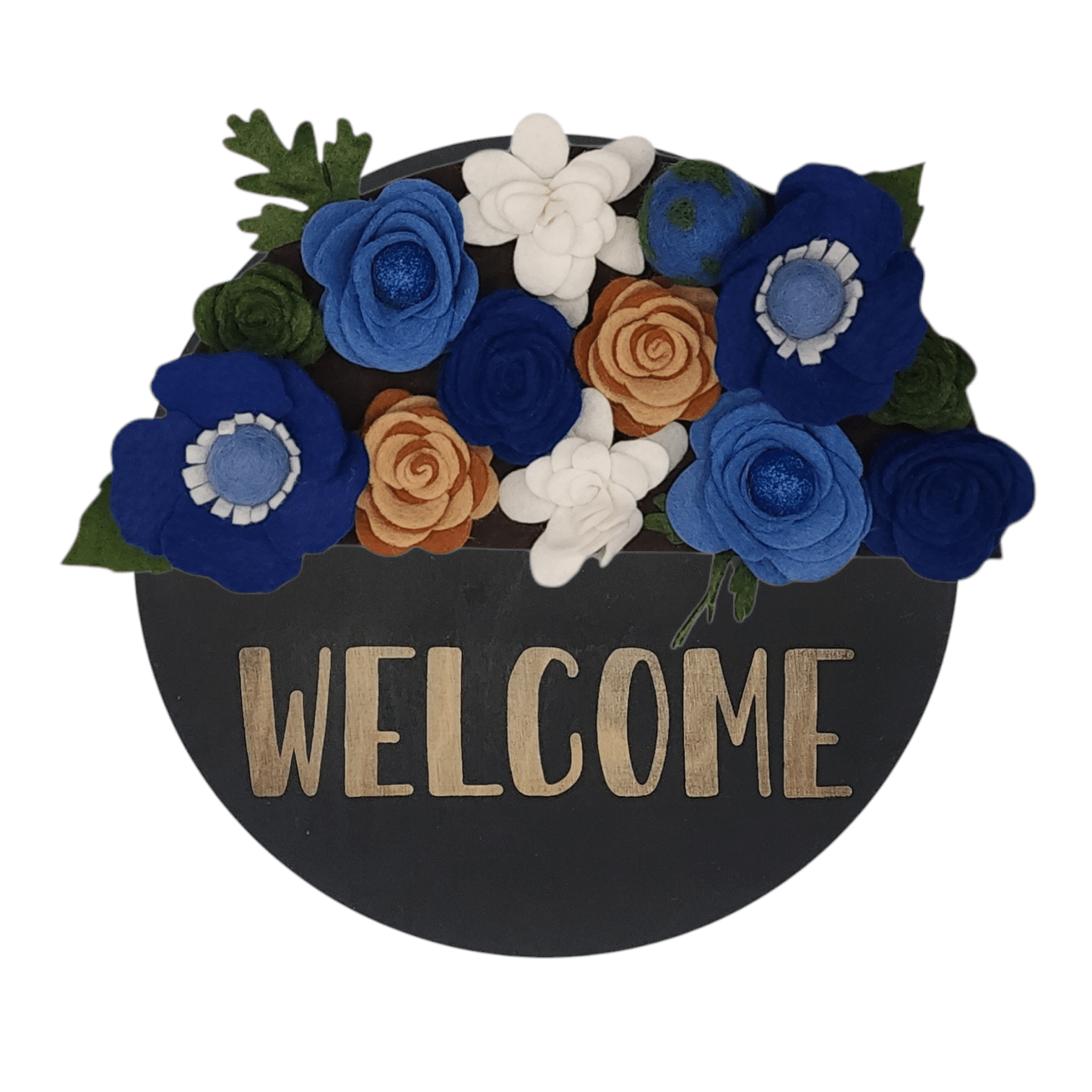 Limited release Earth Day wreath attachment featuring flowers in symbolic colors: deep ocean blues for the water, lush greens for the land, soft whites for the clouds, and warm browns for trees and soil. Set on a rich brown backdrop, this design honors the earth with a natural, harmonious look.