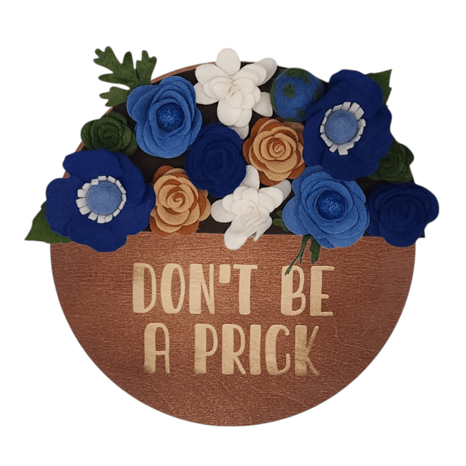 Limited release Earth Day wreath attachment featuring flowers in symbolic colors: deep ocean blues for the water, lush greens for the land, soft whites for the clouds, and warm browns for trees and soil. Set on a rich brown backdrop, this design honors the earth with a natural, harmonious look.