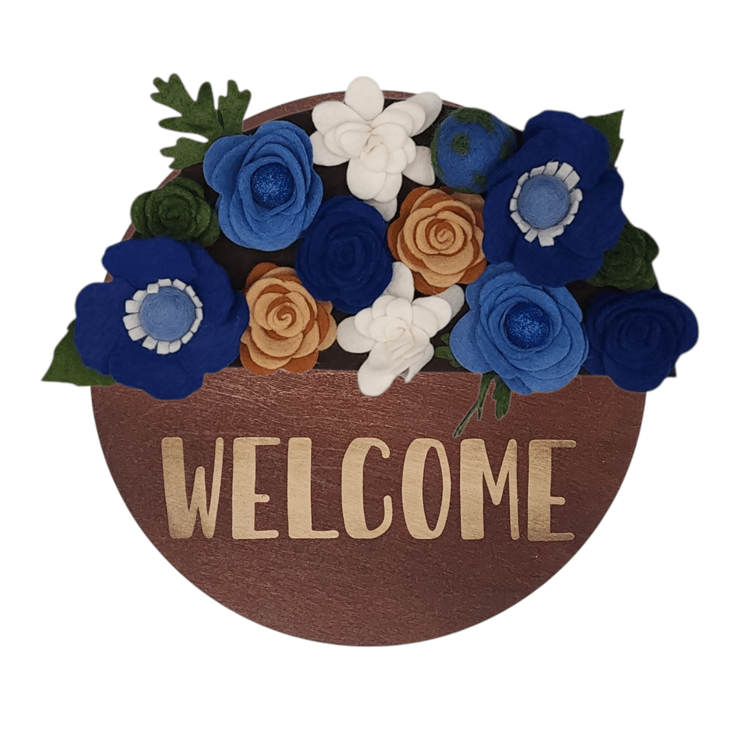 Limited release Earth Day wreath attachment featuring flowers in symbolic colors: deep ocean blues for the water, lush greens for the land, soft whites for the clouds, and warm browns for trees and soil. Set on a rich brown backdrop, this design honors the earth with a natural, harmonious look.