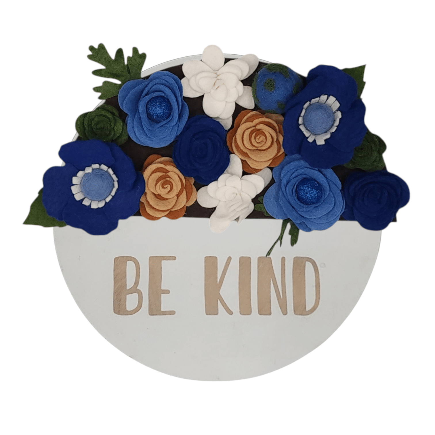 Limited release Earth Day wreath attachment featuring flowers in symbolic colors: deep ocean blues for the water, lush greens for the land, soft whites for the clouds, and warm browns for trees and soil. Set on a rich brown backdrop, this design honors the earth with a natural, harmonious look.