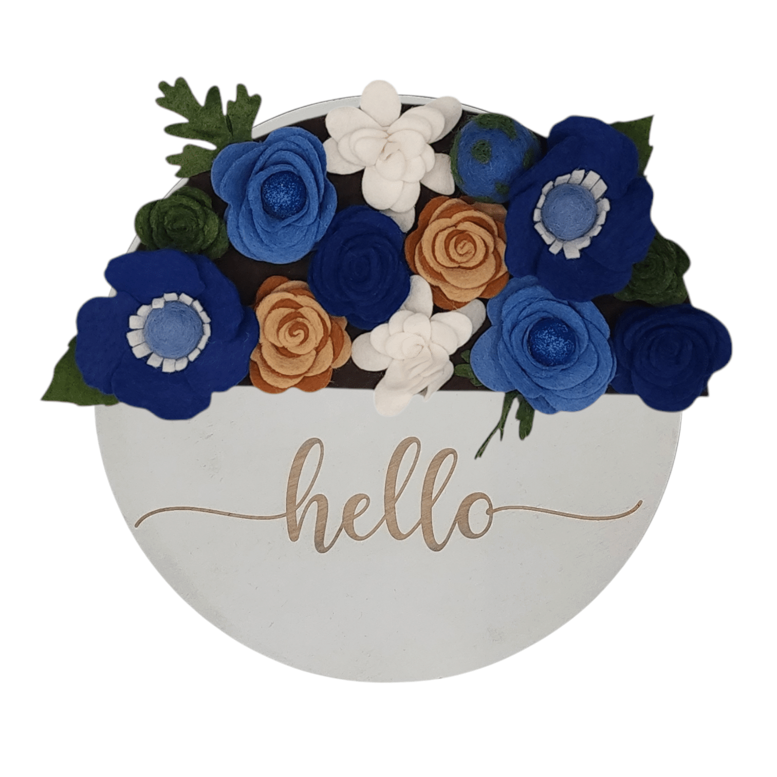 Limited release Earth Day wreath attachment featuring flowers in symbolic colors: deep ocean blues for the water, lush greens for the land, soft whites for the clouds, and warm browns for trees and soil. Set on a rich brown backdrop, this design honors the earth with a natural, harmonious look.