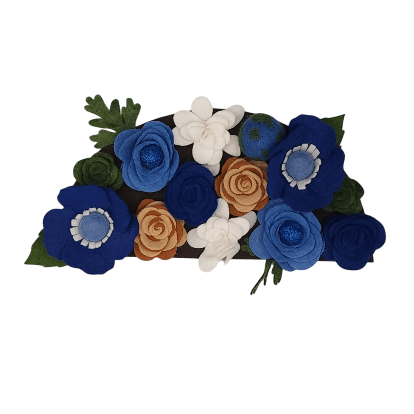 Earth Day wreath attachment with flowers in deep blue, green, white, and brown tones, symbolizing ocean, land, clouds, and soil, set on a rich brown backdrop.