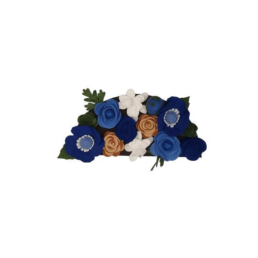 Earth Day wreath attachment with flowers in deep blue, green, white, and brown tones, symbolizing ocean, land, clouds, and soil, set on a rich brown backdrop.