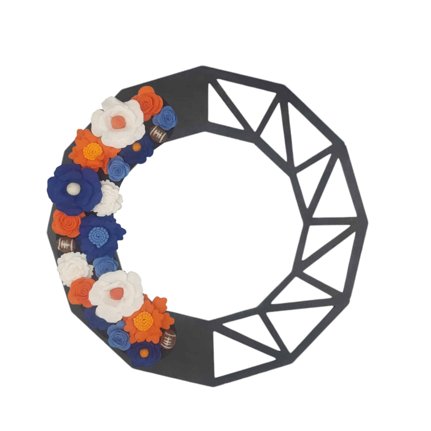 A festive door wreath for football season, featuring vibrant orange and blue felt flowers. Perfect for Denver Broncos football!