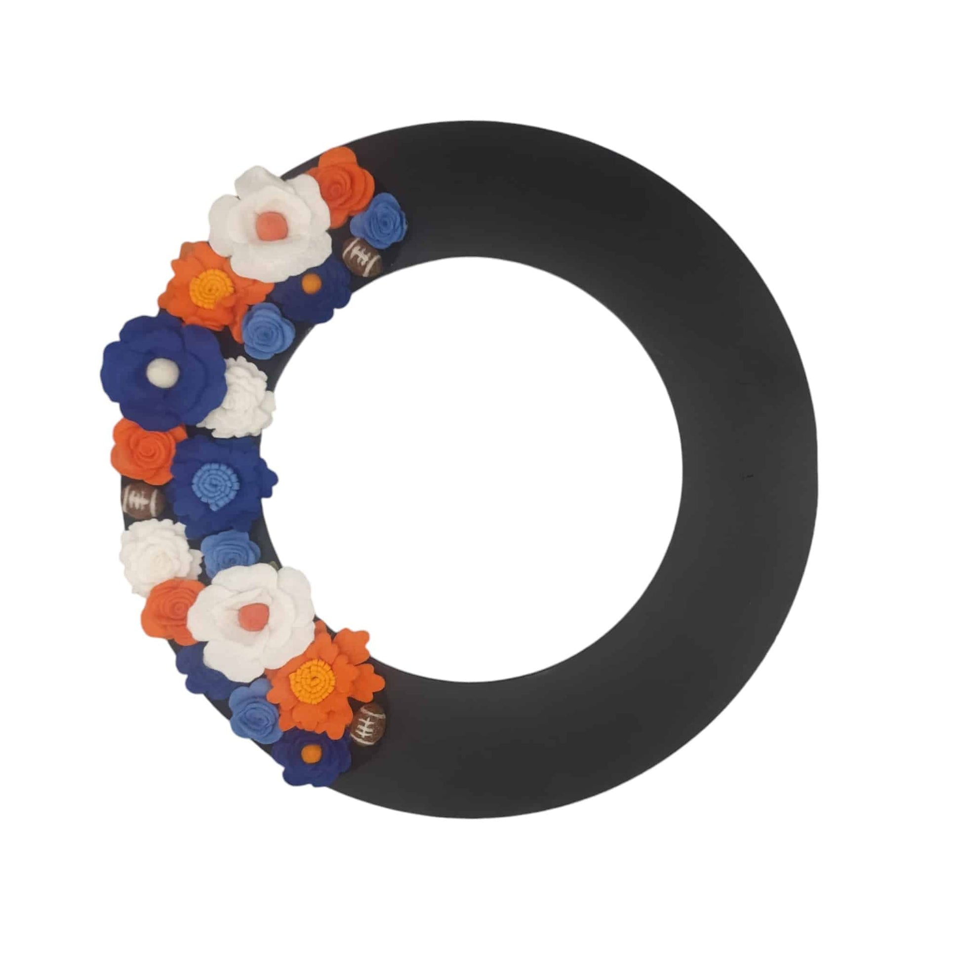 A festive door wreath for football season, featuring vibrant orange and blue felt flowers. Perfect for Syracuse Orange football!