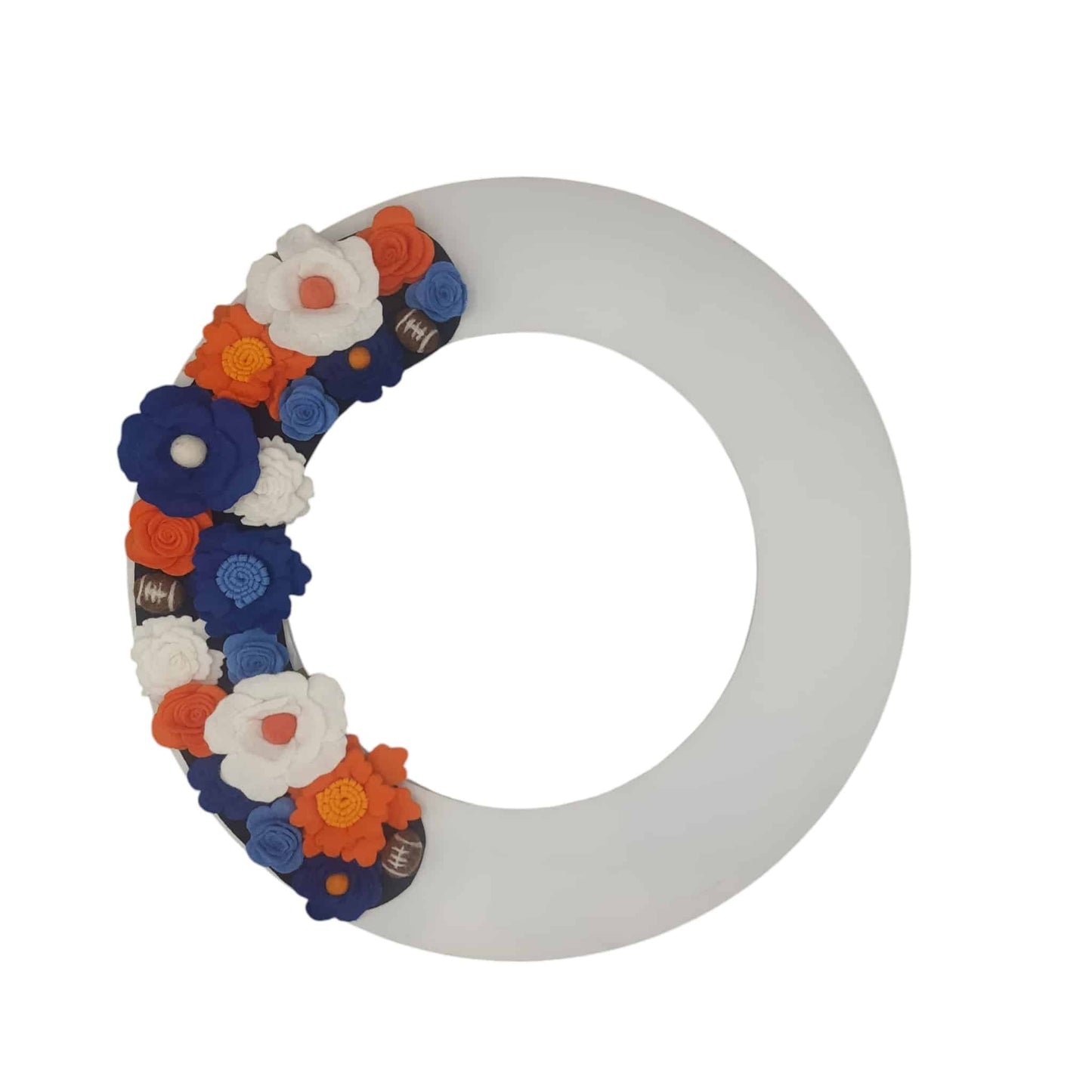 A festive door wreath for football season, featuring vibrant orange and blue felt flowers. Perfect for Florida Gators football!