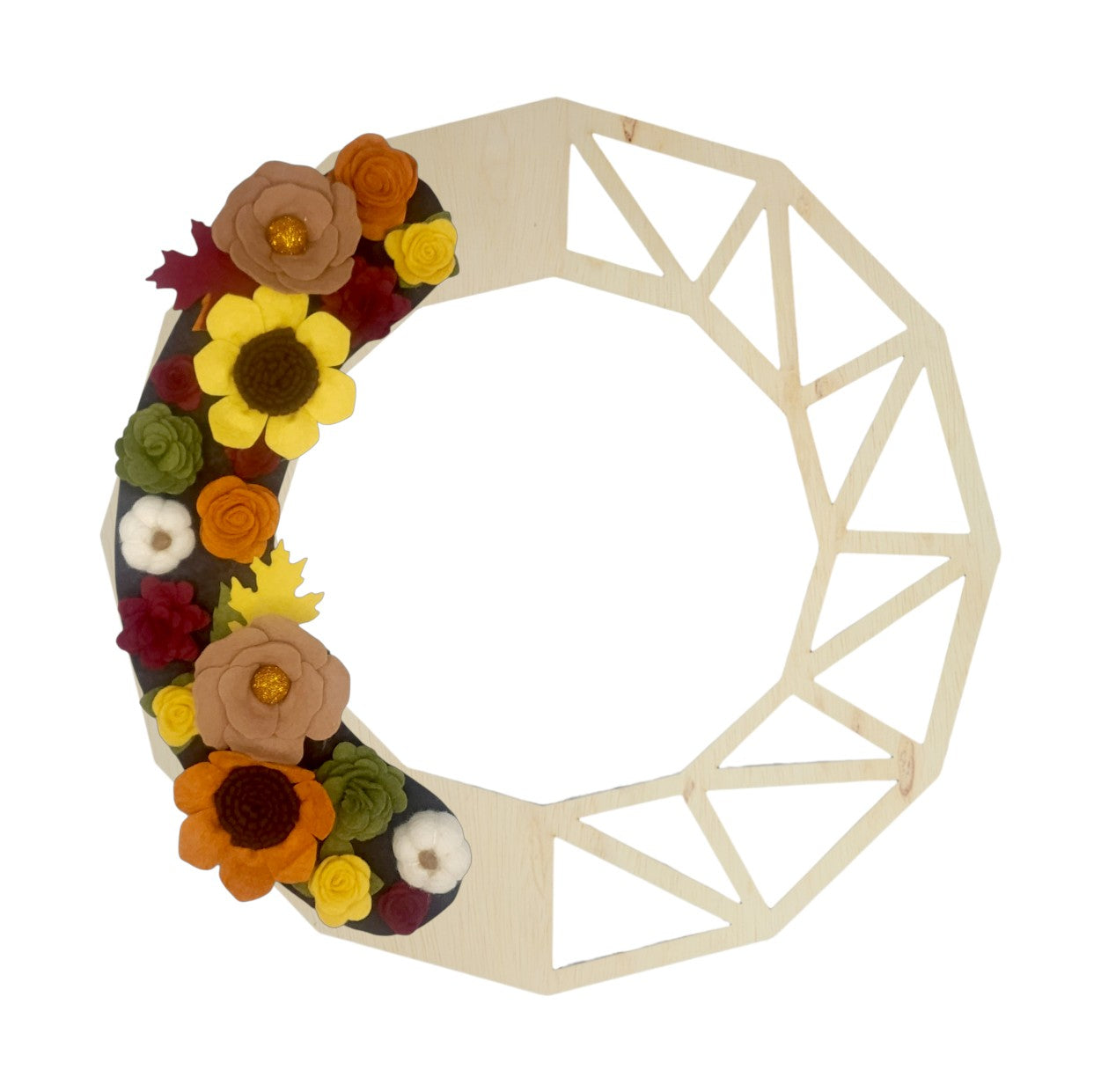 Wreath attachment featuring orange, burgundy, and yellow florals surrounded by white pumpkins and sunflowers on a natural base.