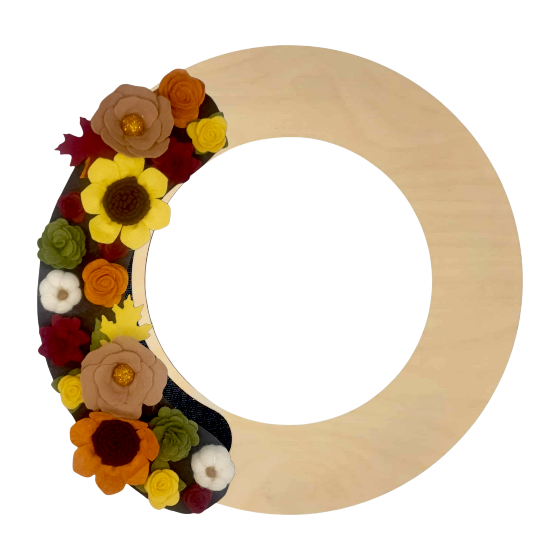 Sunflowers, pumpkins, and assorted autumn-hued flowers on a natural baltic birch wreath base giving a crisp clean look for September.
