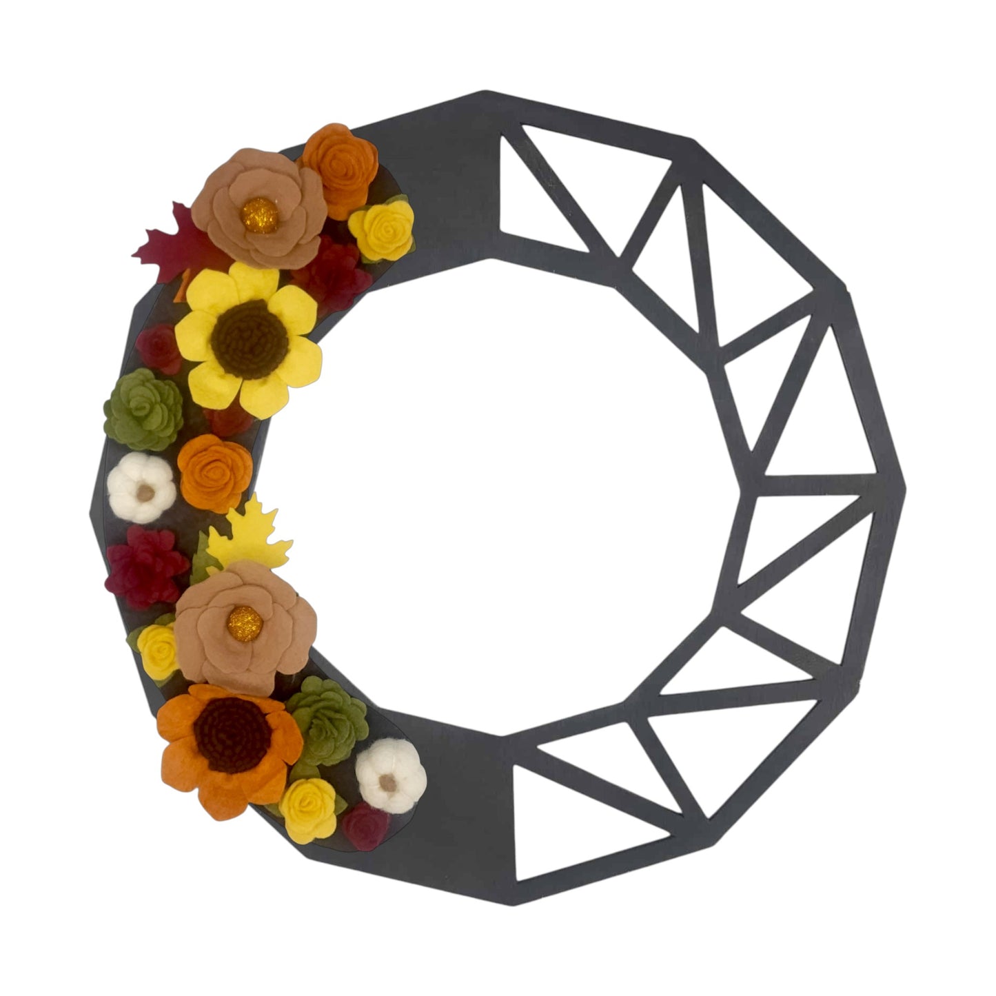 Reusable seasonal wreath with yellow, orange, burgundy felt flowers with white felted pumpkins on a black geometric wreath base.