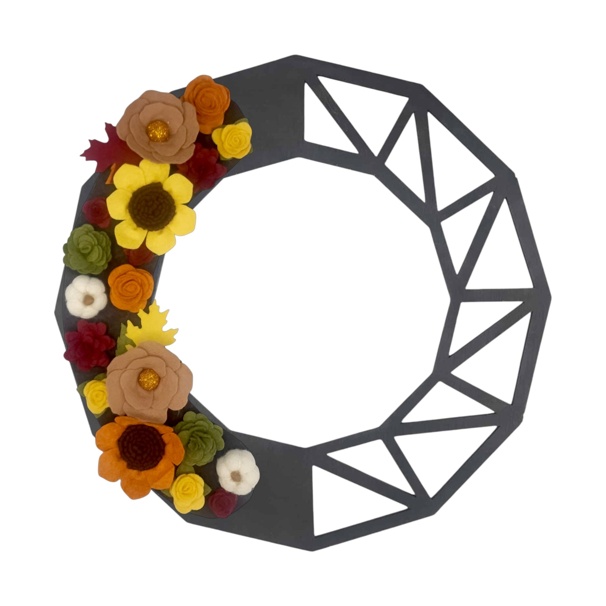 Reusable seasonal wreath with yellow, orange, burgundy felt flowers with white felted pumpkins on a black geometric wreath base.