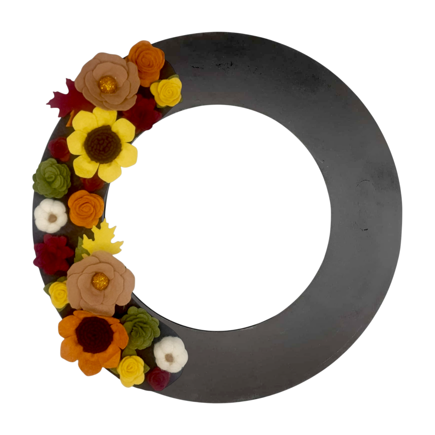 Yellow, orange, burgundy felt flowers with white felted pumpkins on a black wreath base.
