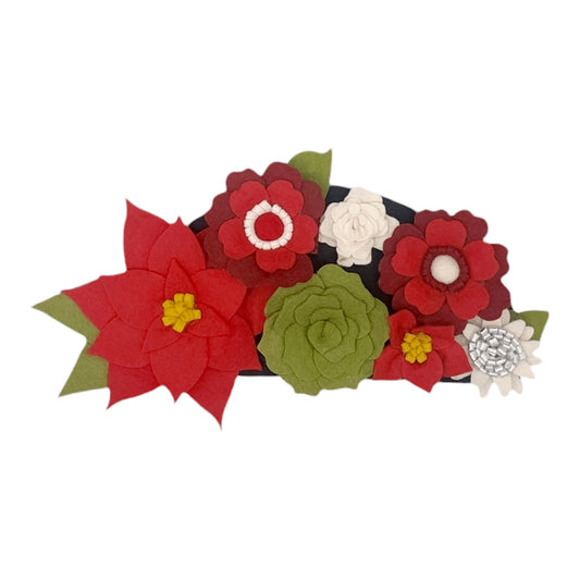 Christmas mini wreath attachment adorned with handcrafted felt flowers: red poinsettias, green succulents and white daisies.