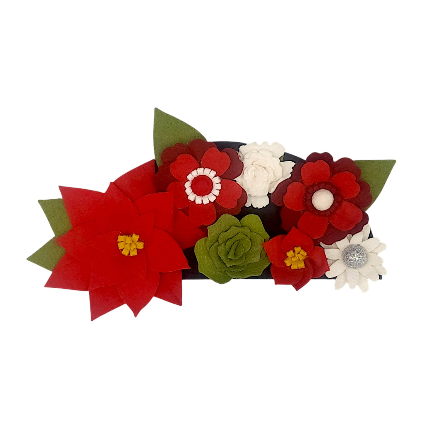 Christmas mini wreath attachment adorned with handcrafted felt flowers: red poinsettias, green succulents and white daisies.