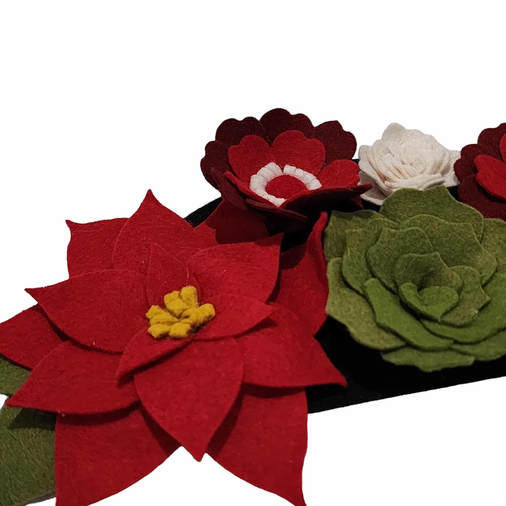 Close-up of handcrafted felt flowers: red and white poinsettias, green succulents, with decorative buttons and intricate stitching.