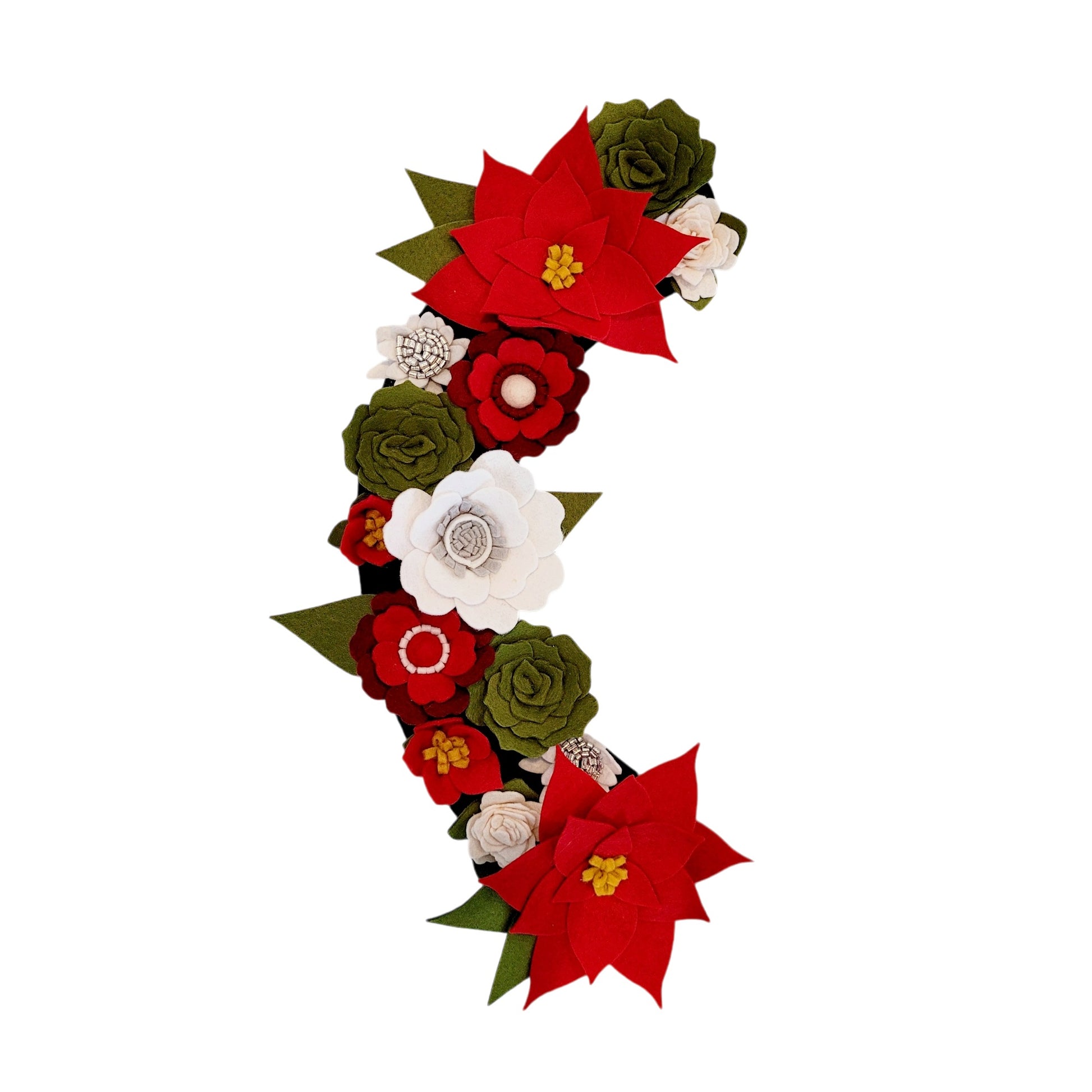 A festive swappable Christmas wreath attachment made from felt flowers, adorn'd with vibrant red poinsettias for a classic holiday touch and make for a perfect gift wreath.