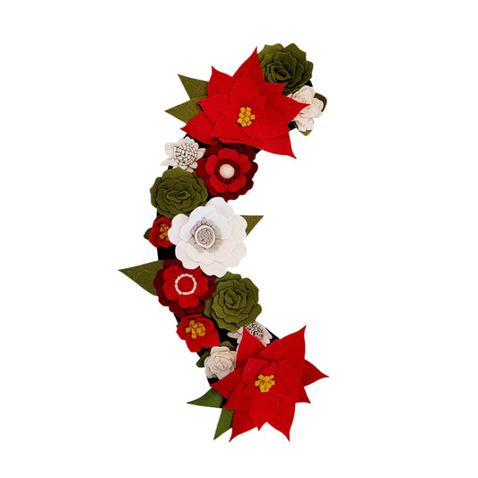 A festive swappable Christmas wreath attachment made from felt flowers, adorn'd with vibrant red poinsettias for a classic holiday touch and make for a perfect gift wreath.