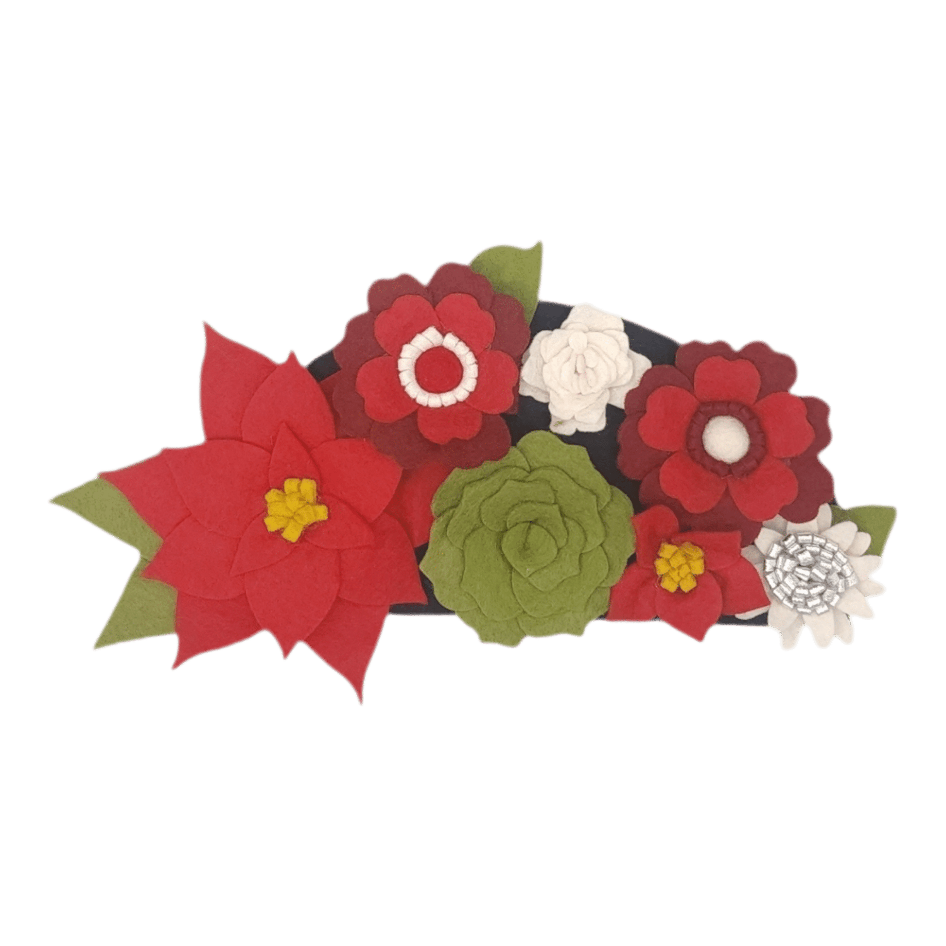 Christmas mini wreath attachment adorned with handcrafted felt flowers: red poinsettias, green succulents and white daisies.