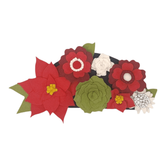 Christmas mini wreath attachment adorned with handcrafted felt flowers: red poinsettias, green succulents and white daisies.