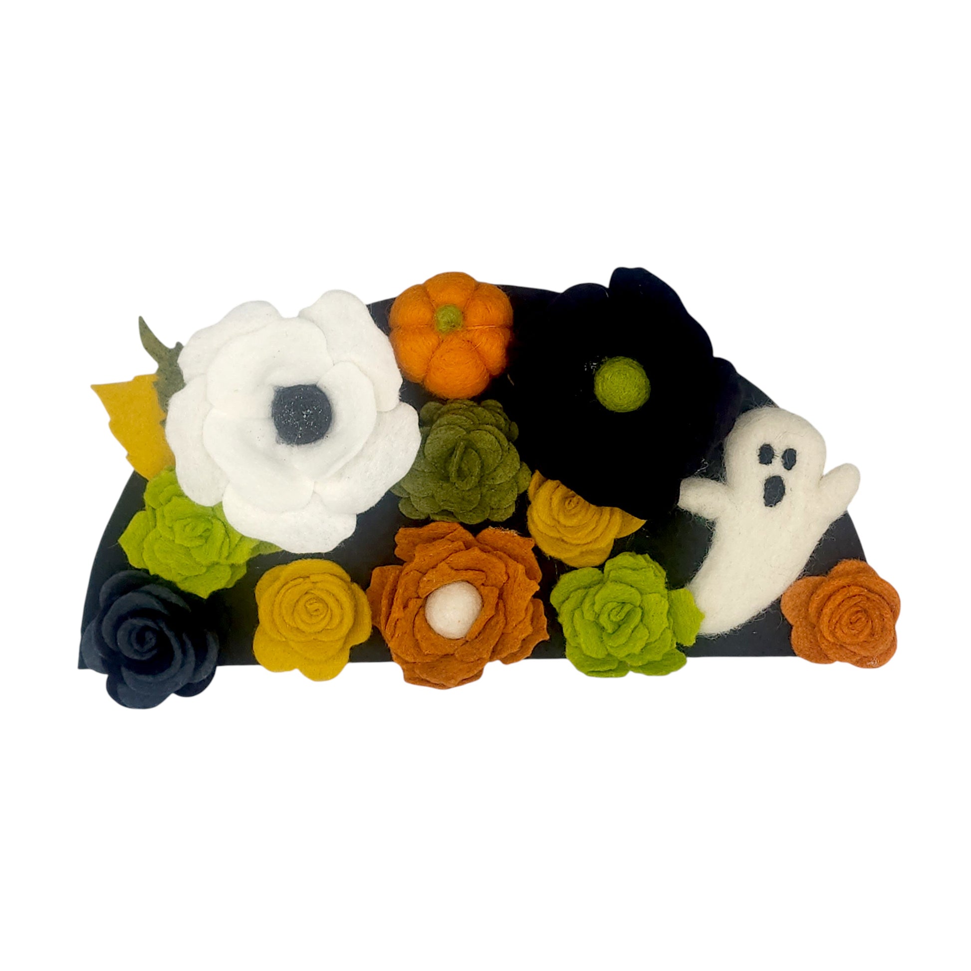 Wreath attachment featuring a felted ghost surrounded by bright green florals and bold orange accents on a natural base.