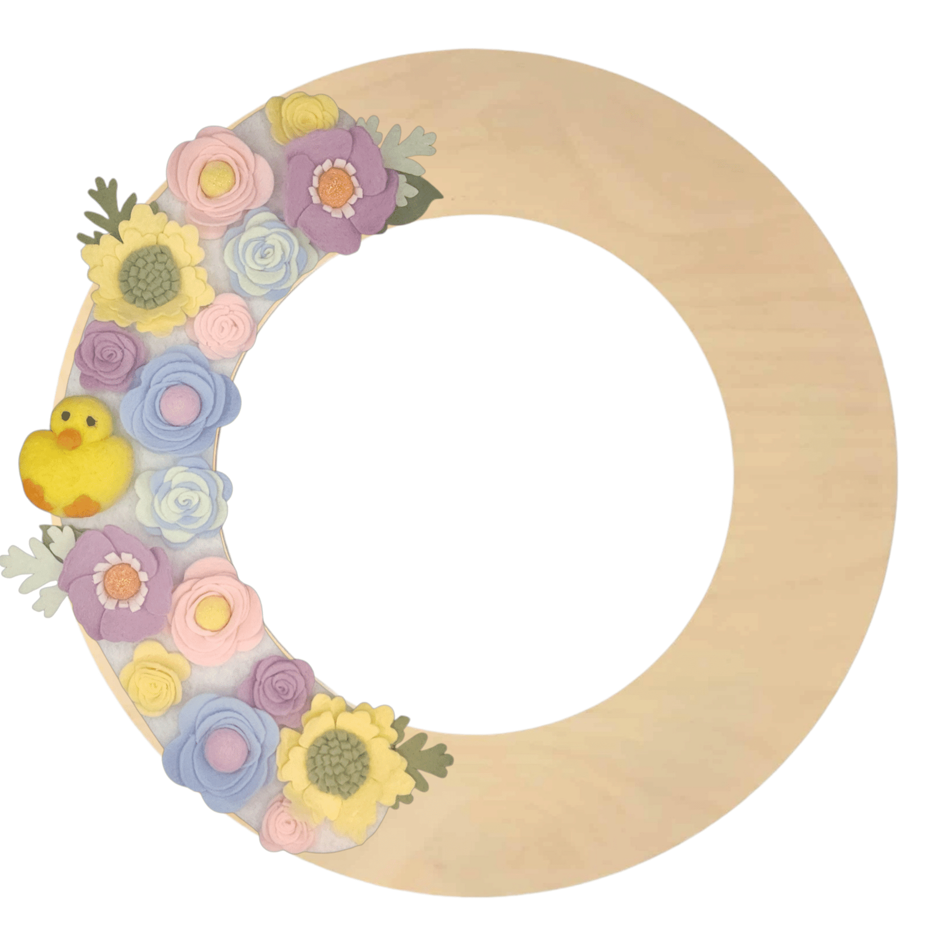Limited release Easter wreath attachment decorated with pastel flowers in soft yellow, pink, purple, and baby blue tones, symbolizing spring renewal. A charming felted chick is nestled among the blooms, adding a playful and festive touch to this seasonal design.