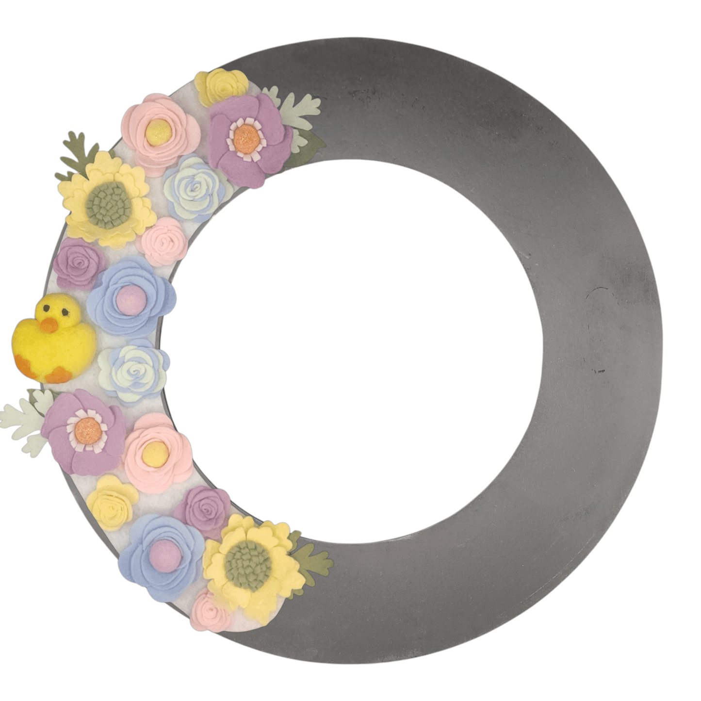 Limited release Easter wreath attachment decorated with pastel flowers in soft yellow, pink, purple, and baby blue tones, symbolizing spring renewal. A charming felted chick is nestled among the blooms, adding a playful and festive touch to this seasonal design.