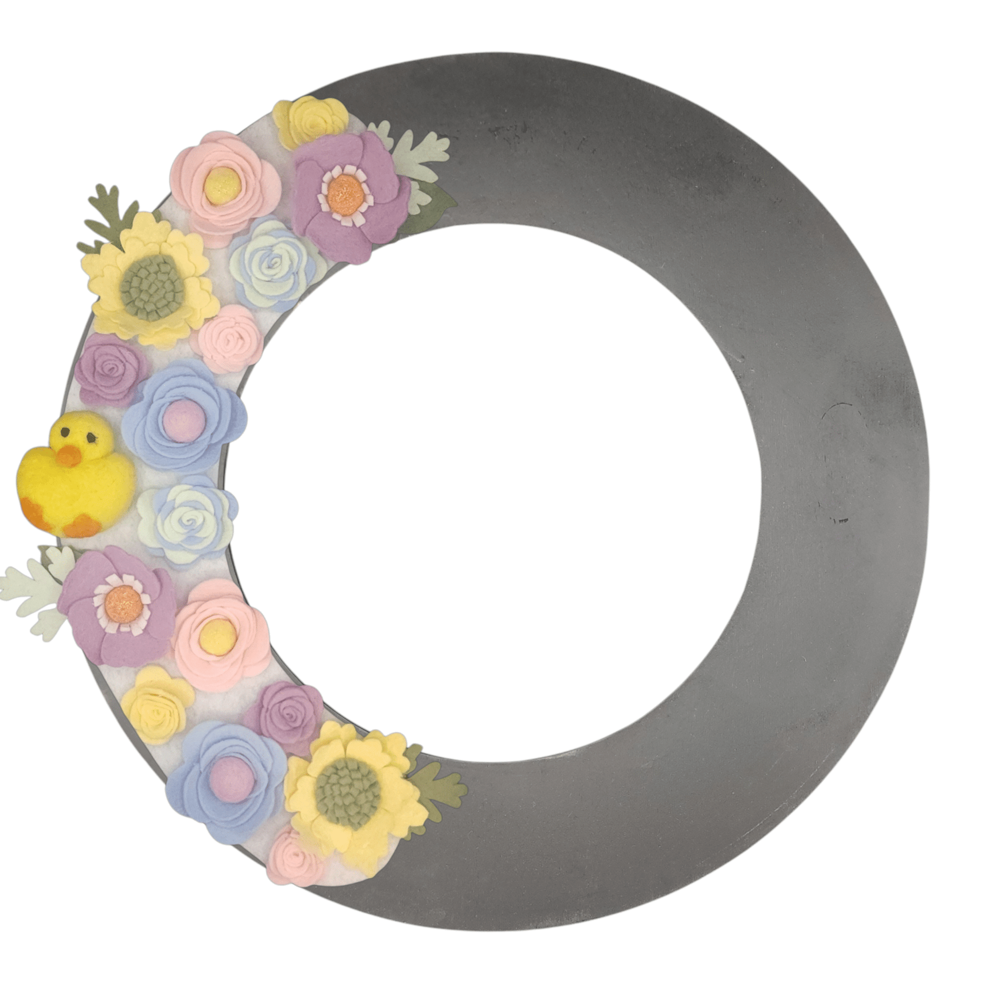 Limited release Easter wreath attachment decorated with pastel flowers in soft yellow, pink, purple, and baby blue tones, symbolizing spring renewal. A charming felted chick is nestled among the blooms, adding a playful and festive touch to this seasonal design.