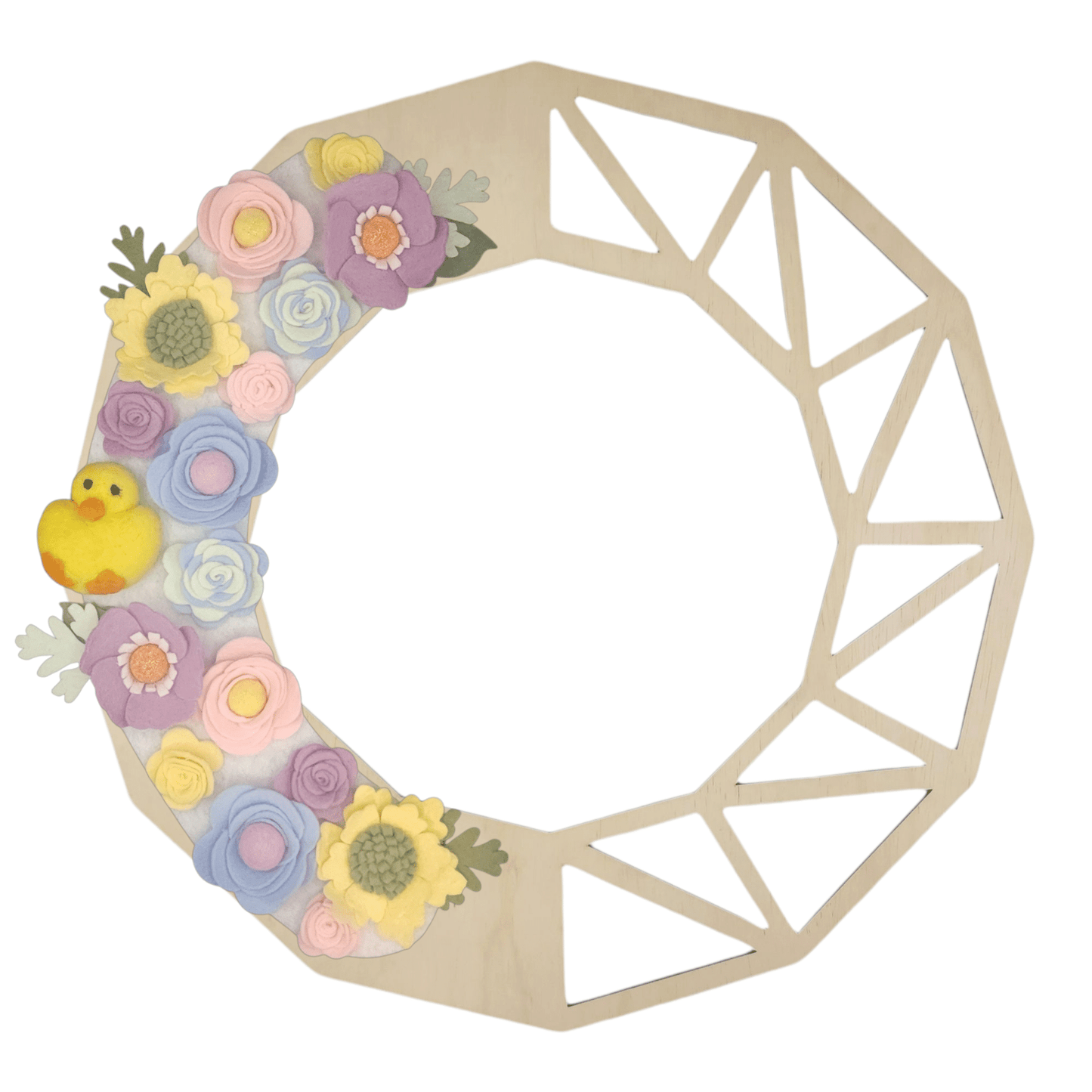 Limited release Easter wreath attachment decorated with pastel flowers in soft yellow, pink, purple, and baby blue tones, symbolizing spring renewal. A charming felted chick is nestled among the blooms, adding a playful and festive touch to this seasonal design.
