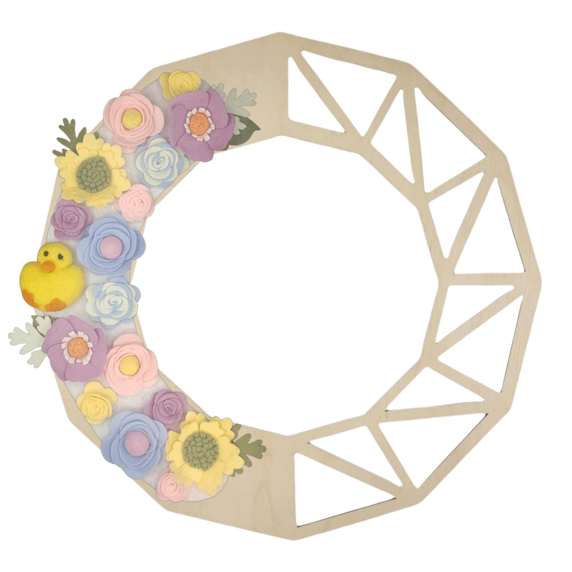 Limited release Easter wreath attachment decorated with pastel flowers in soft yellow, pink, purple, and baby blue tones, symbolizing spring renewal. A charming felted chick is nestled among the blooms, adding a playful and festive touch to this seasonal design.