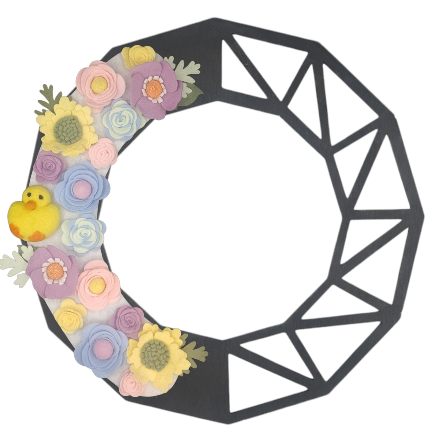 Limited release Easter wreath attachment decorated with pastel flowers in soft yellow, pink, purple, and baby blue tones, symbolizing spring renewal. A charming felted chick is nestled among the blooms, adding a playful and festive touch to this seasonal design.