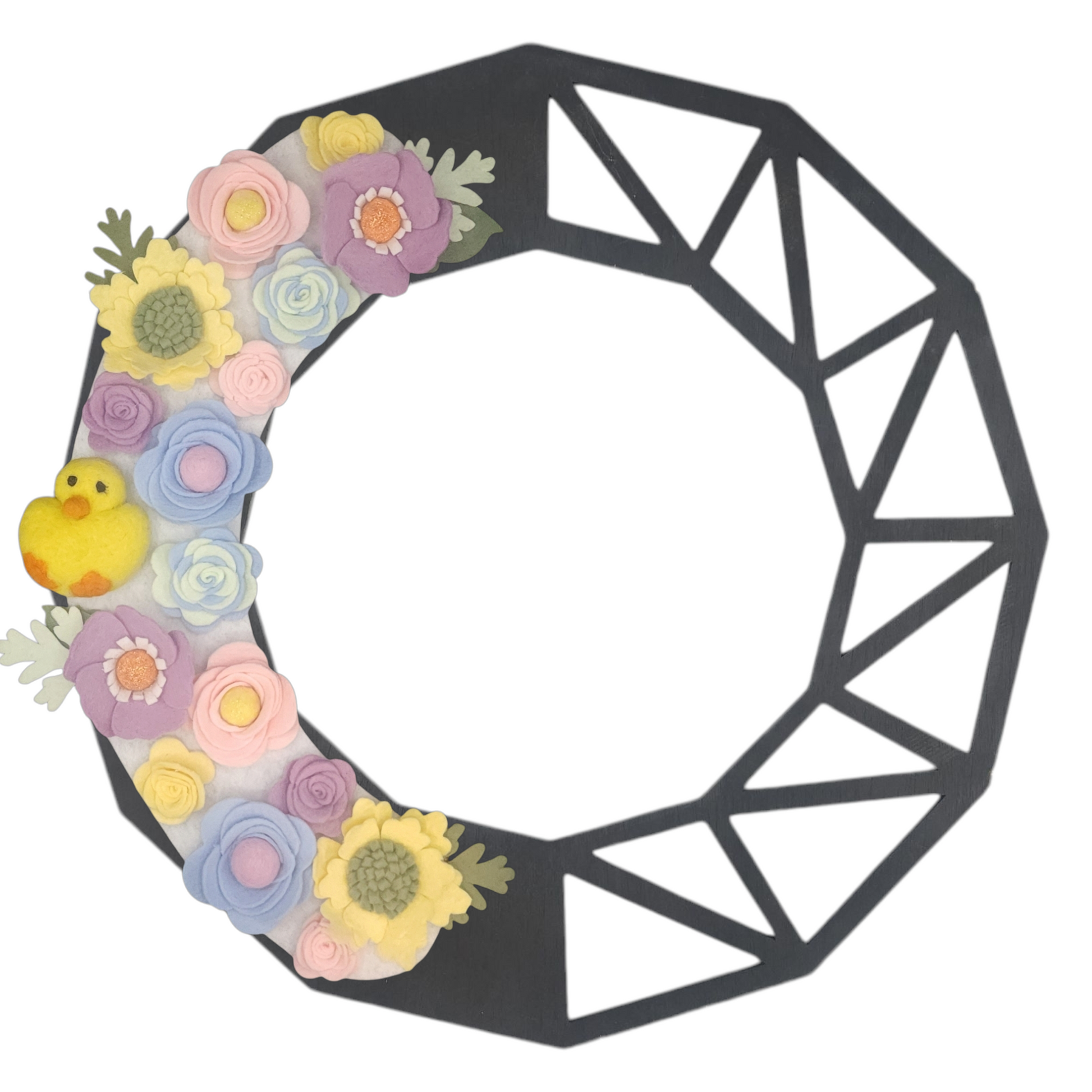 Limited release Easter wreath attachment decorated with pastel flowers in soft yellow, pink, purple, and baby blue tones, symbolizing spring renewal. A charming felted chick is nestled among the blooms, adding a playful and festive touch to this seasonal design.