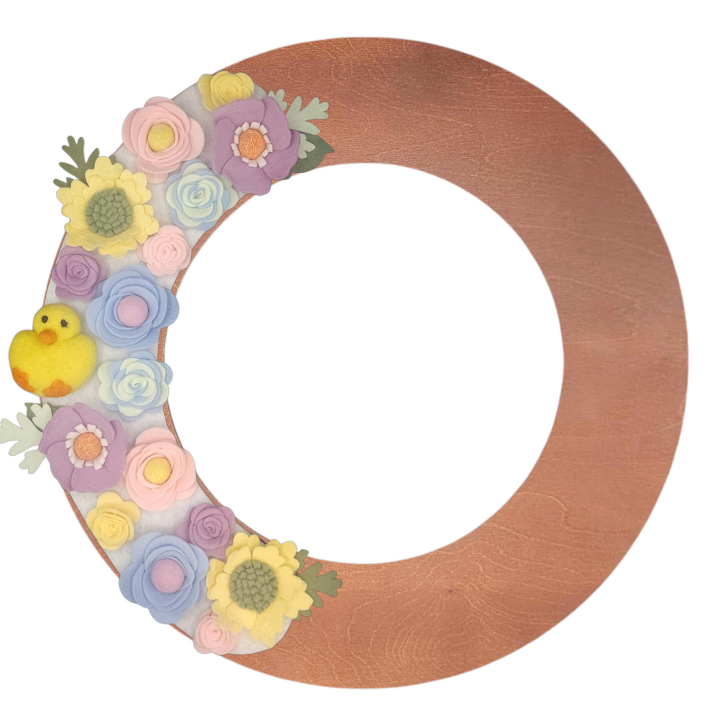 Limited release Easter wreath attachment decorated with pastel flowers in soft yellow, pink, purple, and baby blue tones, symbolizing spring renewal. A charming felted chick is nestled among the blooms, adding a playful and festive touch to this seasonal design.