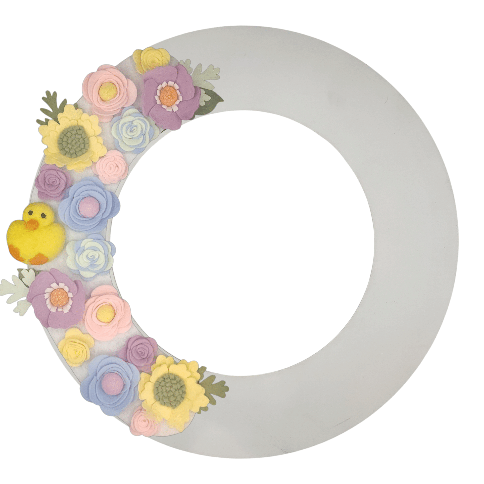 Limited release Easter wreath attachment decorated with pastel flowers in soft yellow, pink, purple, and baby blue tones, symbolizing spring renewal. A charming felted chick is nestled among the blooms, adding a playful and festive touch to this seasonal design.