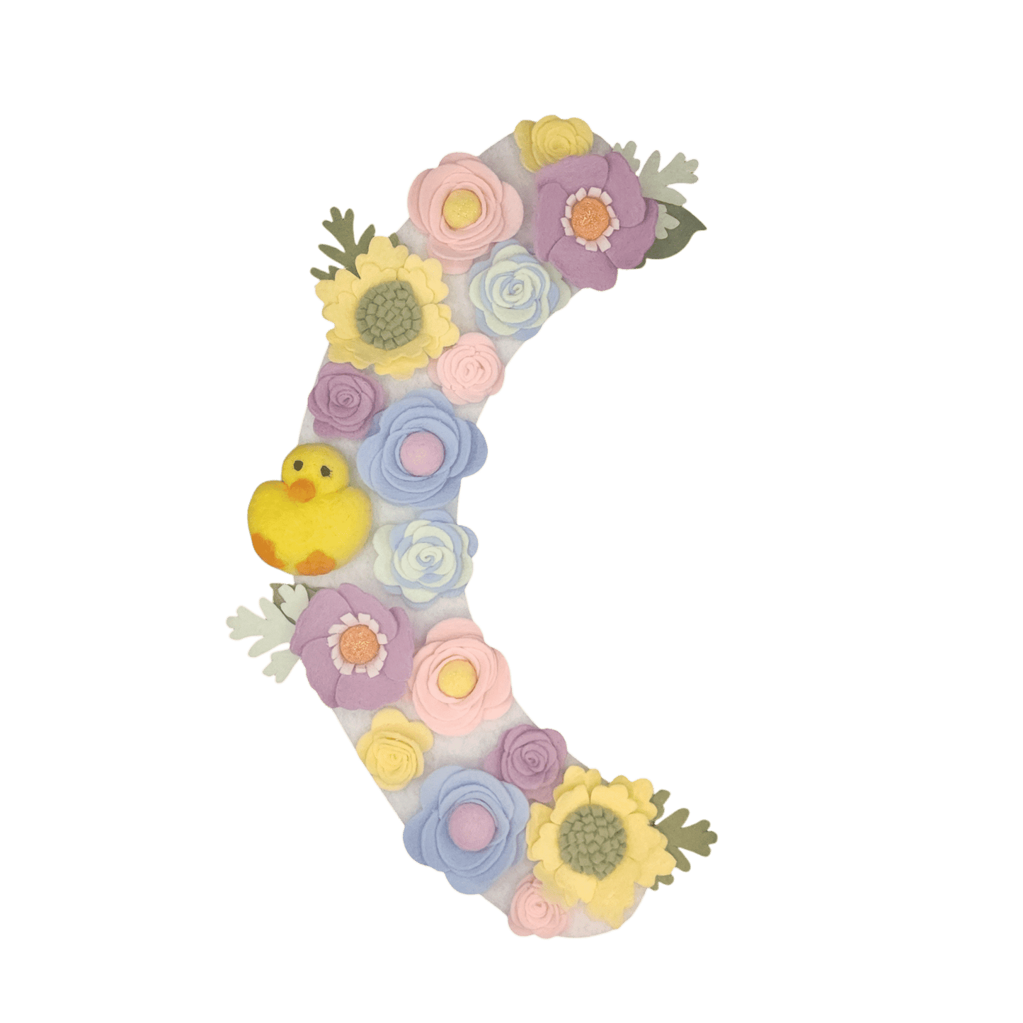 Limited release Easter wreath attachment decorated with pastel flowers in soft yellow, pink, purple, and baby blue tones, symbolizing spring renewal. A charming felted chick is nestled among the blooms, adding a playful and festive touch to this seasonal design.